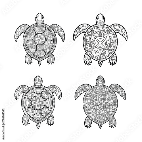 Sea Turtle Zentangle Vector Illustration Aquatic Animal Ornate Line Art Silhouette