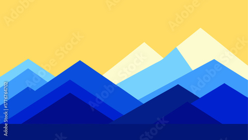 Abstract geometric mountain landscape with yellow sky and blue peaks