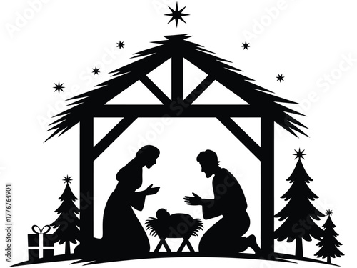 The Nativity scene depicts the birth of Jesus Christ in a stable.