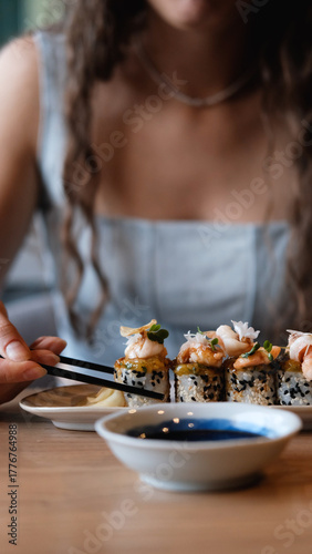 A beautiful girl eats Japanese sushi rolls with chopsticks, smiling with pleasure
