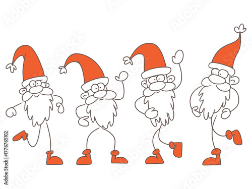Four cartoon Santas dancing and celebrating the holiday season together merrily.