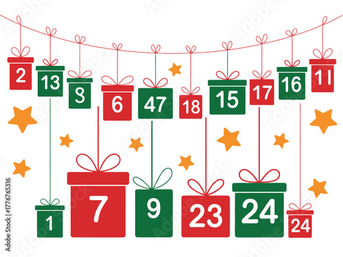 Christmas advent calendar with hanging gift boxes and stars.