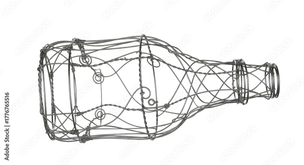 Obraz premium Wireframe bottle sculpture: intricate design of twisted metal art