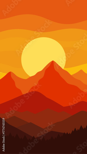 Illustration of a sunset over mountains and trees