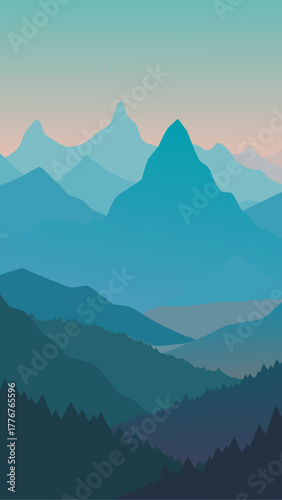 Layered mountain range with a pastel colored sky