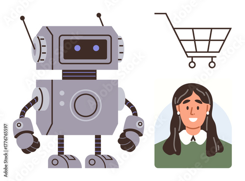Robot beside a woman and a shopping cart icon, suggesting AI and automation for customer service, retail innovation, user experience, e-commerce, digital transformation, future trends, simple flat