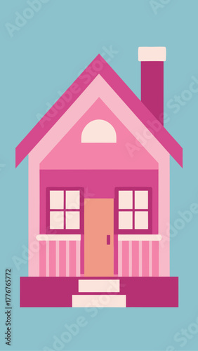 Illustration of a pink house with a chimney and porch