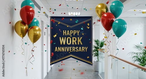 Happy Work Anniversary banner with balloons and confetti in office celebration corporate employee event job career