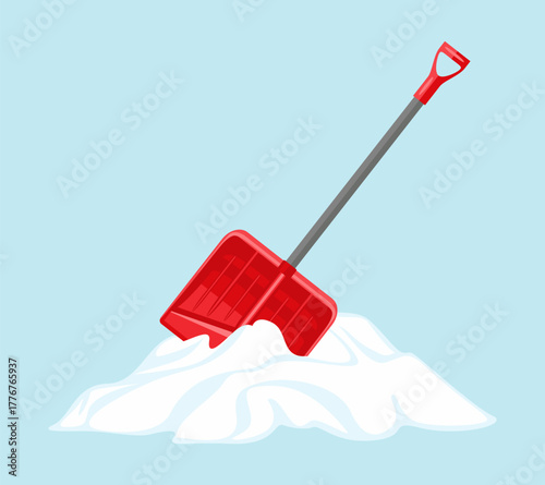 Snow cleaning shovel in snowdrift isolated on blue background. Vector cartoon flat illustration. Work tool icon