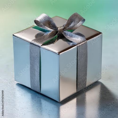 Silver Gift Box with Ribbon on Light Gradient Background in Photographic Style