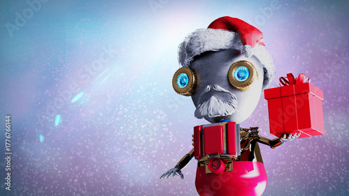 Funny Christmas Robot Santa with Gifts Winter Snow Scene render 3d