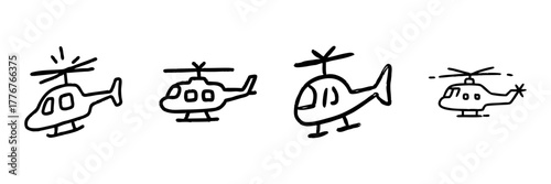 Helicopter Line Icon Set In Doodle Style. Aviation, Air Transport, And Emergency Services Outline Sketch Collection. Hand Drawn Isolated Vector Illustration