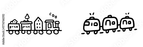 Train And Caravan Line Icon Set In Doodle Style. Transportation And Travel Concept Outline Sketch Collection. Hand Drawn Isolated Vector Illustration