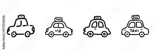Taxi Car Line Icon Set In Doodle Style. Urban Transportation, Taxi Service, And Ride-Hailing Outline Sketch Collection. Hand Drawn Isolated Vector Illustration