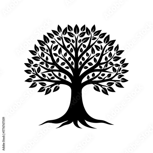 Stylized black silhouette of a majestic tree with visible roots and lush foliage