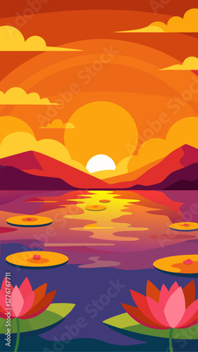 Illustration of a sunset over water with lotus flowers