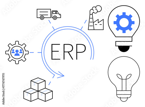 ERP concept with icons for factory, truck, teamwork, supply chain, innovation, and gear idea. Ideal for business planning, logistics, process optimization teamwork industry management simple flat