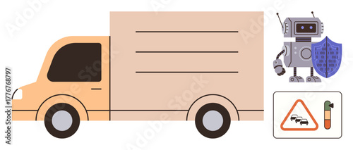 Delivery truck paired with robot holding shield, warning sign, and scanner emphasizing cargo safety and monitoring. Ideal for logistics, safety, automation, AI, transportation, technology modern