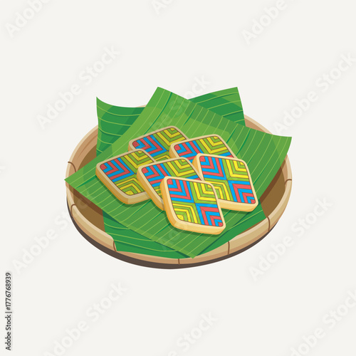 Vector illustration of famous colourful Malaysian traditional sweet, kek lapis Sarawak or Sarawak layer cake served on bamboo plate with banana leaves