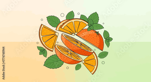 Freshly Sliced Citrus Fruit With Refreshing Mint Leaves in a Vibrant Botanical Arrangement