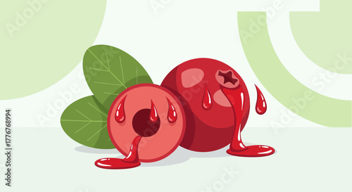 Freshly Sliced Cranberries and Lush Green Leaves with Vibrant Crimson Juice Flowing Graphics