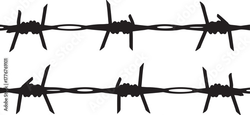 Close up silhouette of sharp barbed wire fence segments against a stark white background representing boundaries and security