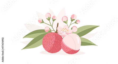 Freshly Picked Lychees Depicted With Flowers And Leaves, Vector Illustration