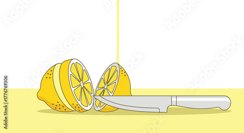 Freshly Sliced Lemon Next To Gleaming Knife On Light Yellow Background Illustration