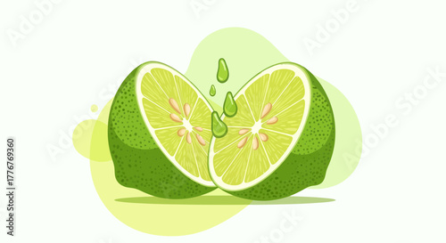 Freshly Sliced Lime, Vector Illustration With Juice Drops and Abstract Background