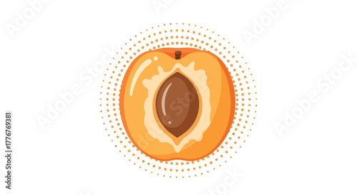 Freshly Sliced Apricot With Seed And Abstract Dotted Halo On White Background
