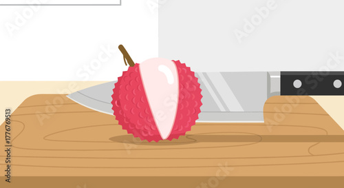 Freshly Sliced Lychee On Wooden Cutting Board With A Knife Ready To Eat