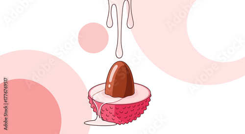 Freshly Sliced Lychee With Brown Seed Covered In Sweet Cream On Pink Background