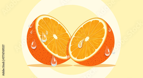 Freshly Sliced Orange Halves with Droplets Against a Pale Yellow Background Illustration