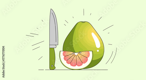 Freshly Sliced Pomelo And Knife on Green Background for Culinary Designs