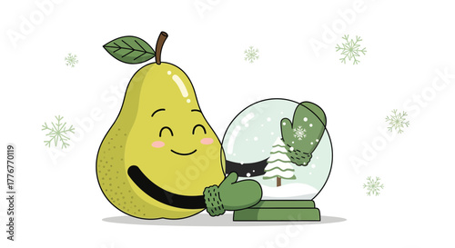 Friendly Pear Embracing a Snow Globe, A Cartoon Seasonal Illustration