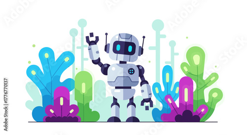 Friendly Robot Awaiting With Plants And A Nature Background For Futuristic Concepts