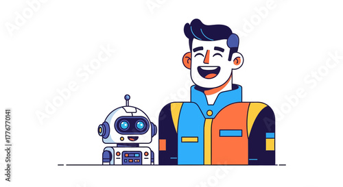 Friendly Robot And Man Smiling Together Showing Futuristic Technological Relationship