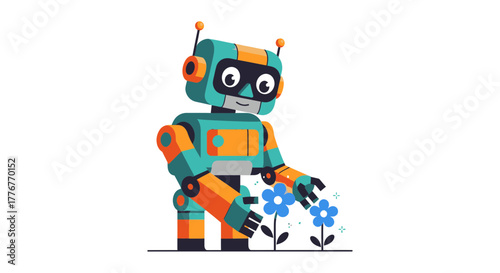 Friendly Robot Carefully Tending To Young Flowers, Colorful Design, Cheerful Illustration