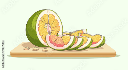 Freshly Sliced Pomelo Fruit Illustration On A Cutting Board Vector Food Design