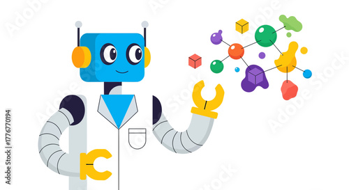 Friendly Robot Presents Data Analysis and Abstract Molecular Structure Concept for Visualization