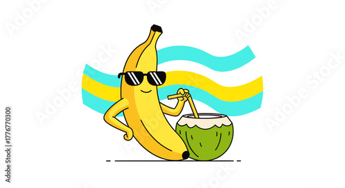 Funky Banana Enjoying Vacation With Sunglasses And Tropical Drinking Coconut