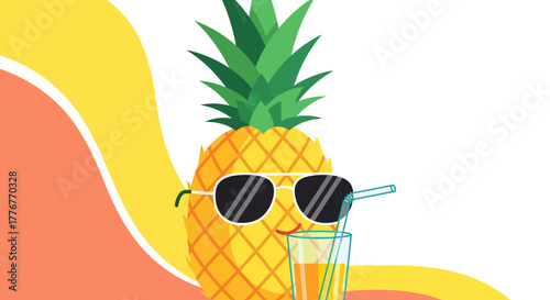 Funky Pineapple Enjoys Summer Drinks While Wearing Sunglasses With a Smiling Face