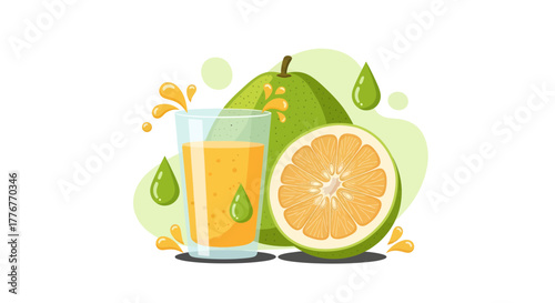 Freshly Squeezed Citrus Pomelo Juice Illustration With Splash And Fruit Details
