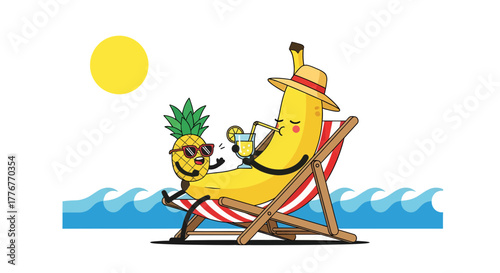 Fun-Loving Tropical Fruits Relaxing on a Sunny Beach, Enjoying Refreshing Drinks