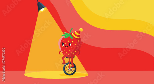Furious Strawberry Balancing on a Unicycle Under Spotlight on Colorful Backdrop