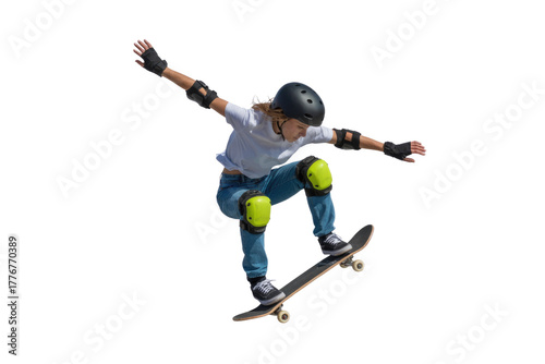 Young female skateboarder performing a dynamic trick, wearing a helmet, neon yellow knee pads, and protective gear, balancing mid-air. background removed