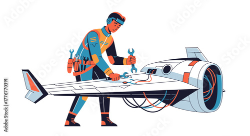 Futuristic Aircraft Engineer Repairing Aviation Technology with Modern Tools