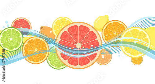 Freshness Of Citrus Slices Floating With Abstract Watery Swirls And Vibrant Hues