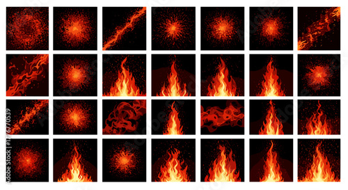 Collection of fiery embers and flames in various abstract forms
