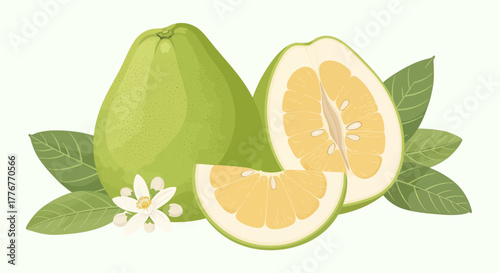 Freshness Of Pomelo Fruit, With Its Sliced Sections And Green Leaves Displayed Beautifully